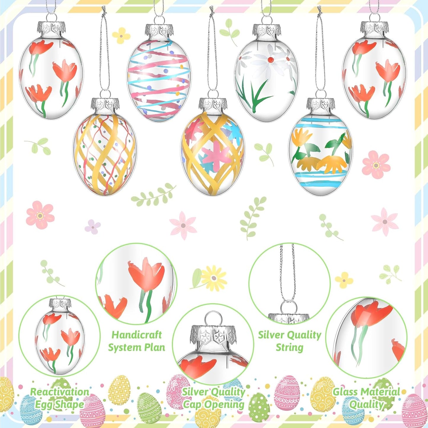 18 Set Hand Painted Pastel Glass Easter Egg Ornaments